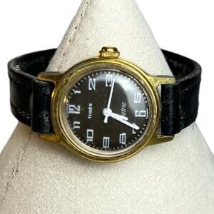Vintage Timex Electric Black Dial Gold Tone Watch Leather Strap